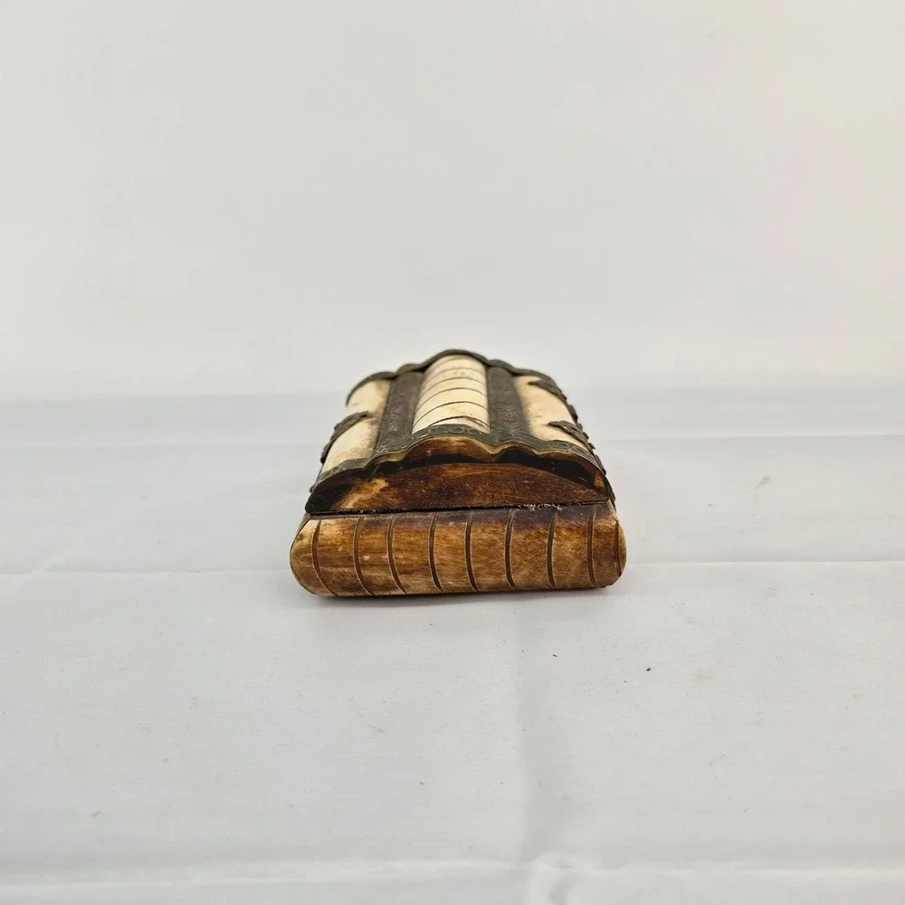Vintage Camel Bone Trinket Box India Brass Inlay Velvet Lined Jewelry Chest